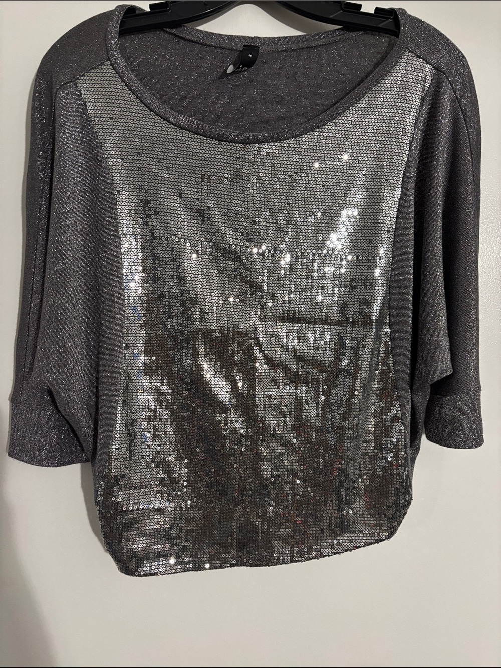 Ing Metallic Silver Sequin Front Dolman Top